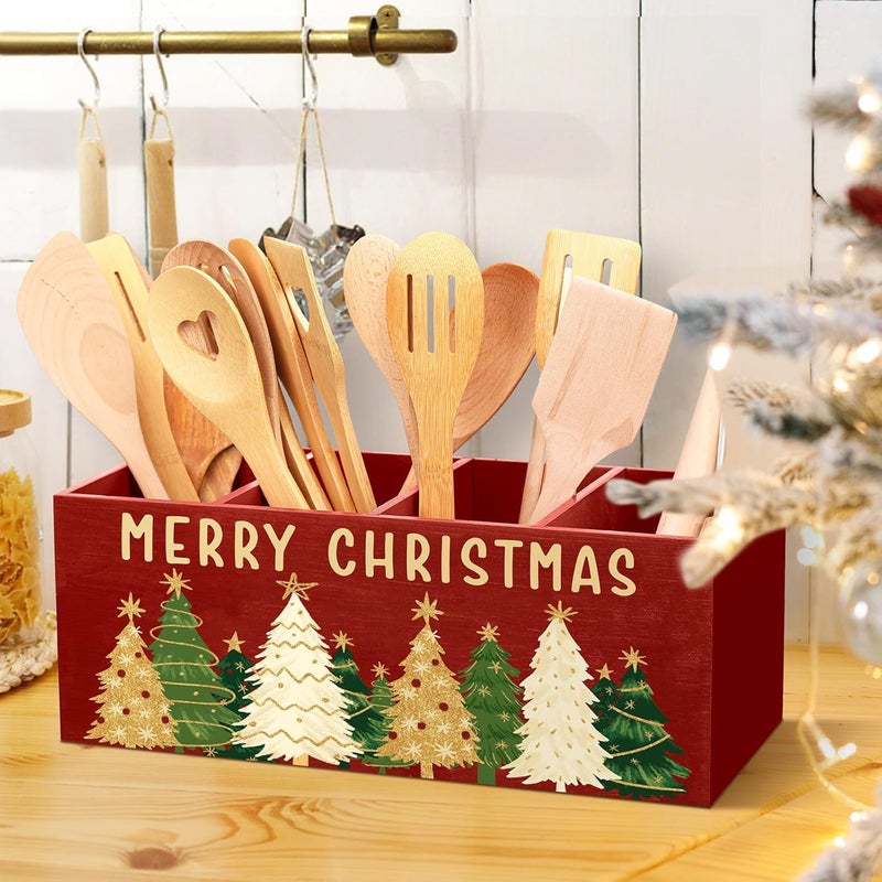 Meanplan Christmas Utensil Holder Christmas Kitchen Decor Extra Large Kitchen Utensils Holder with 4 Compartments for Xmas Farmhouse Indoor Decoration - Image 4